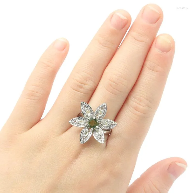 Cluster Rings 25x25mm Delicate Fine Cut Green Amethyst White CZ Women Engagement Wedding Silver