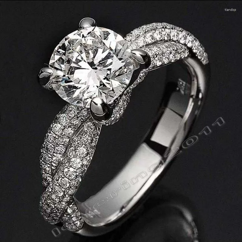 Cluster Rings Luxury Dinosaur Claw Set 8mm Stone 5A Zircon 14KT White Gold Filled Women Engagement Wedding Band Ring Size