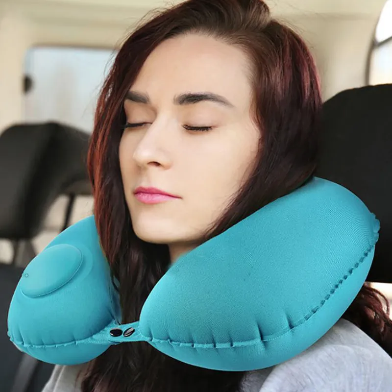 Travesseiro de viagem em forma de U Almofadas infláveis para carro de avião Dobrável Tipo de pressão manual Air Neck Cervical Vertebr Cushion JY1195