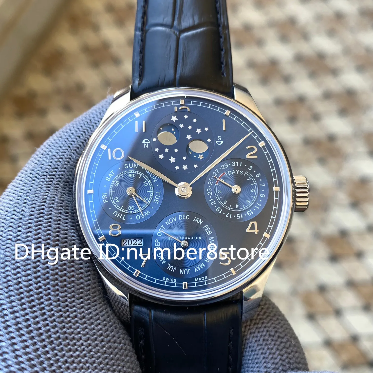 Luxury Men s Automatic Watch with Perpetual Calendar Moonphase Power Reserve Sapphire Crystal Black Leather Strap Stainless Steel Case
