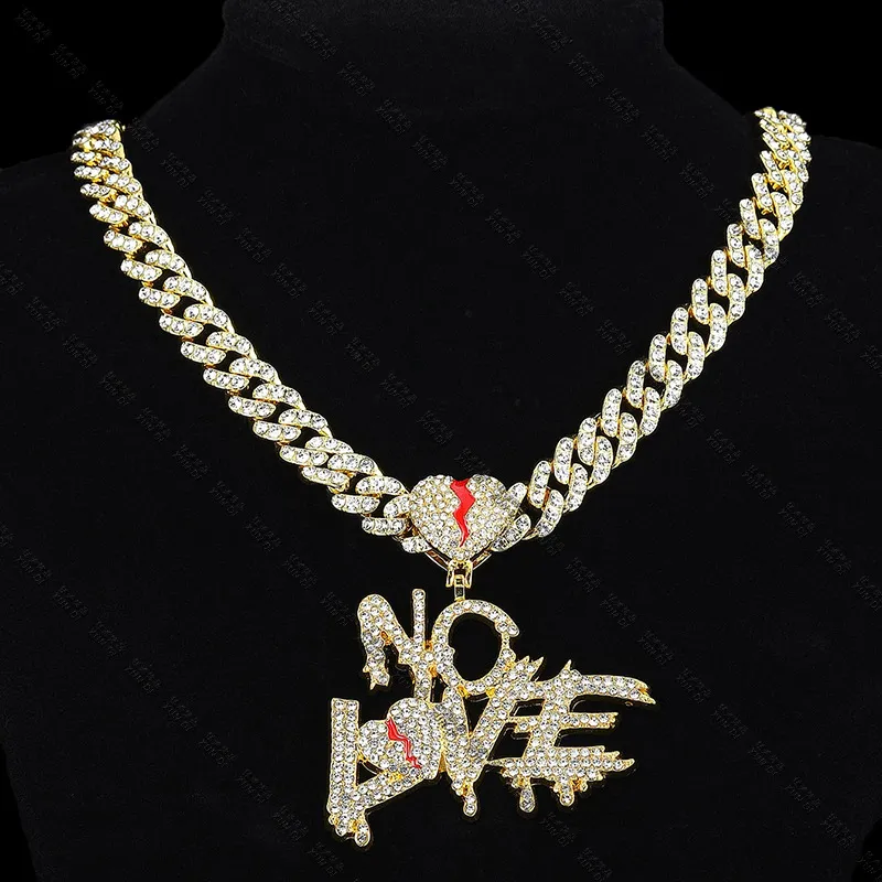 Hiphop Crystal NO LOVE Collane con ciondolo Uomo Donna Iced Out Cuban Miami Catene Gioielli in oro argento Diamante Hip Hop Crystal N030