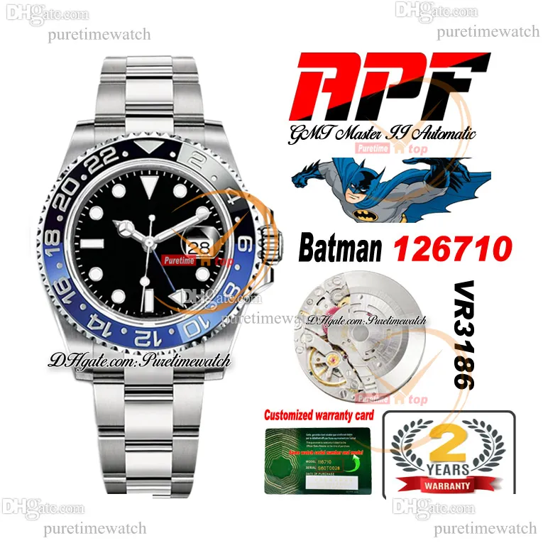 APF Batman GMT II VR3186 VR3285 Orologio da uomo automatico Lunetta in ceramica blu Quadrante nero 904L OysterBracciale in acciaio Super Edition Reloj Hombre Stessa scheda seriale Puretime A1