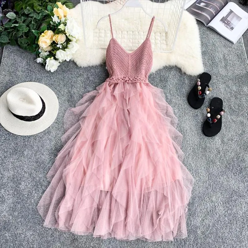 Suits Summer Sleeveless Sling Gauze Tulle Dress Women Knit Vneck Sexy Backless Long Dresses Sweet Mesh Pink Party Dress Vestidos