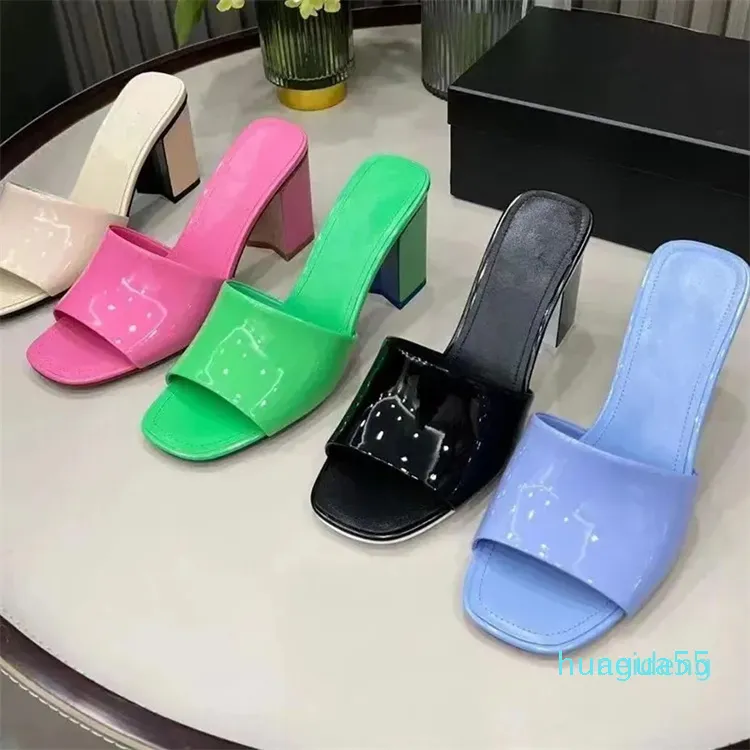 Designer Pure color Square head Slides slippers Womens Luxury leather outdoor Colorful fashion Sandals ladys sexy shallow mouth High-heeled slipper shoe