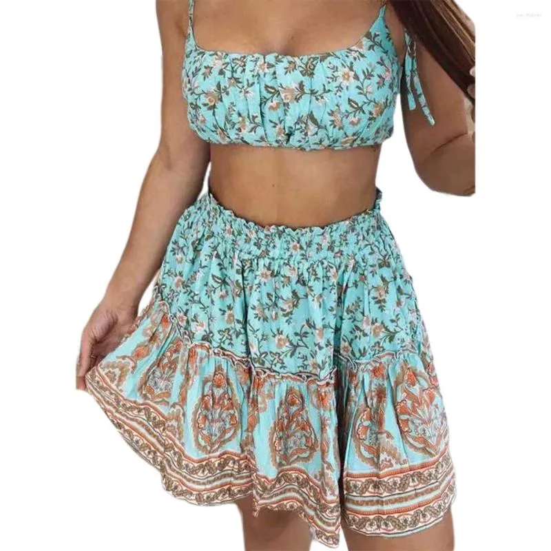 Work Dresses Women Boho Floral Print Skirts Set 2023 Fashion Summer Bandage Strap Spaghetti Cropped Top Mini Gypsy Beachwear
