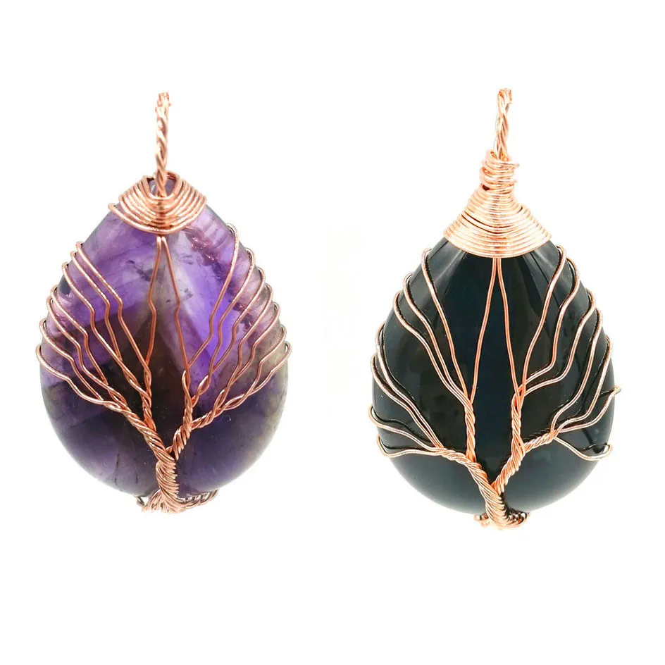 JLN Brass Wire Trabled Depl Drop Gemstone Life Tree Tree Tree Tree Rose Gold Lated Amethyst Onyx подвески с медным подарком для женских девушек для женщин