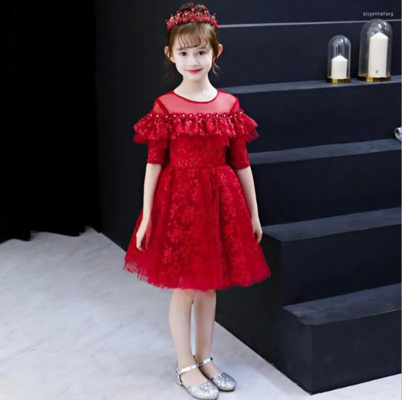 Robe de fille Red Tulle Girls Elegant Wedding Flower Robe Princess Party Pageant Formal Holy Communion Vestido Summer Vêtements