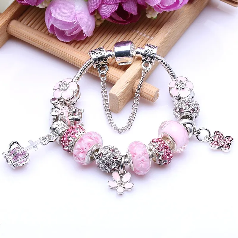 Sterlingsilber, Muranoglas, rosa, fünf Blütenblätter, Blume, europäische Perlen, Schmetterlingskrone, baumelnd, passend für Charm-Armbänder und Halsketten