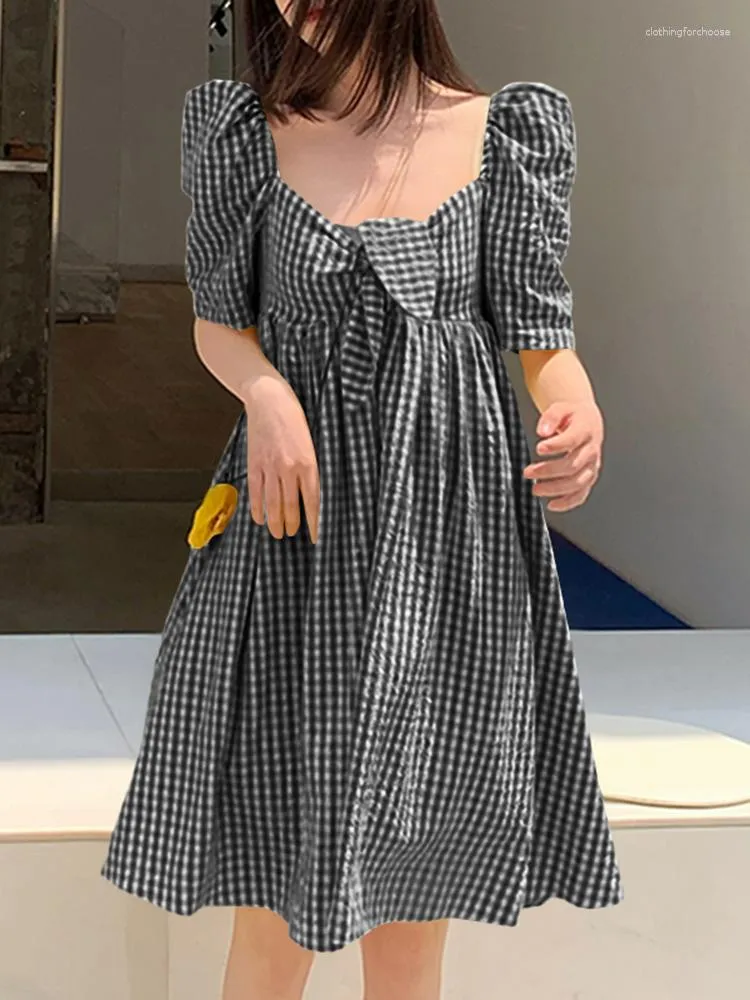 Casual Kleider Vonda Bohemian Kleid 2023 Sommer Frauen Vintage Kariert Plaid Mini Lose Kurzarm Plissee Bogen Square Neck Party robe