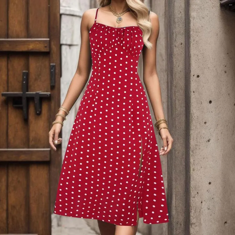 Abiti casual Dot Polka Floral Dress Bretella Summer Women # 039; s Sling Sexy senza maniche Close Slim Vita Long Vestidos Para Mujer