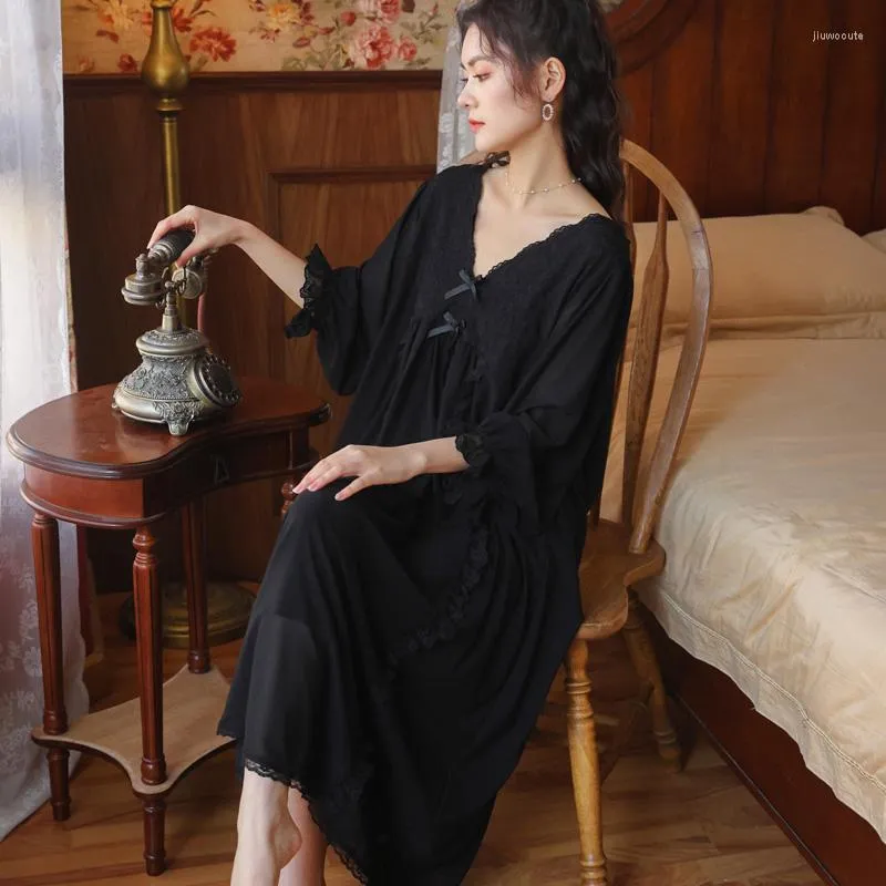 ملابس نوم للسيدات Meetlife Lightgown Vintage Lacewear Mesh Princess Women Long Sleeve Nightdress Wedding Black Spring