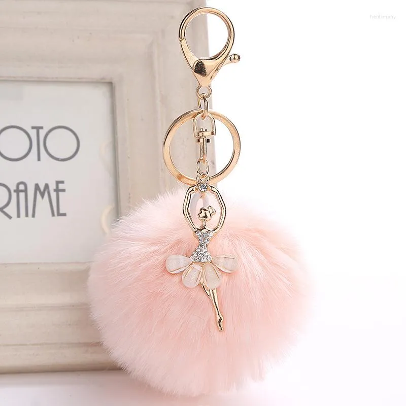 Keychains 8cm Lot Fur Ball PomPom Keyrings Crystal Dance Girl HandBag Pendant For Car Key Chains Holder Women 16 Colors