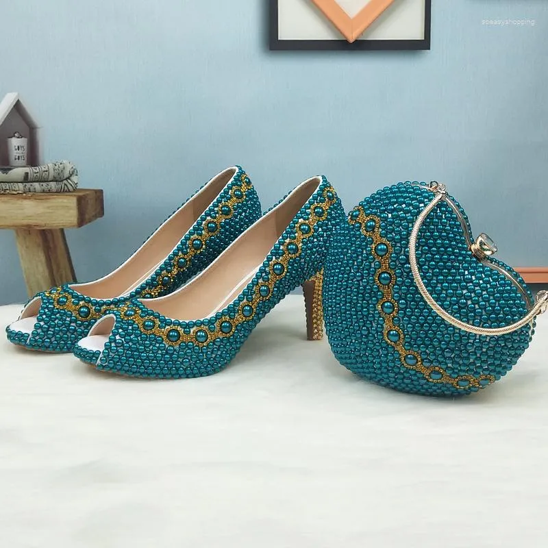 Sandales Femmes Peep Toe Robe De Soirée Chaussures Et Sac Mariée Mariage Sarcelle Bleu Perle Pompes Talons Hauts Dames Ouvert Vert