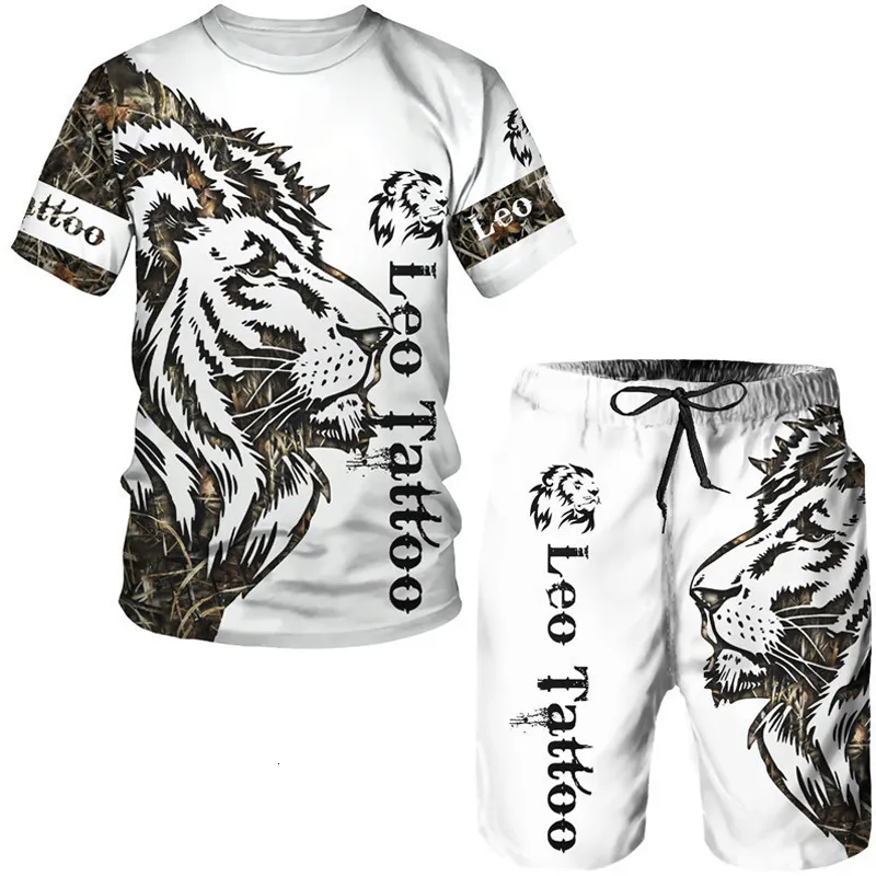 Trainingspakken voor heren Zomer Heren Animal Tattoo Wit T-shirt met korte mouwen De leeuw 3D-geprinte O-hals Tees Shorts Suit Casual Sportwear Trainingspak Set 230707