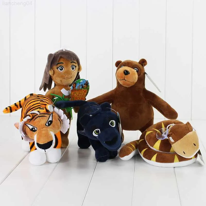 Animali di peluche ripieni 5 pz / lotto Il libro della giungla Giocattoli di peluche Mowgli Tigre Serpente Orso Leopardo Fantasy Foresta Pendenti di bambole di peluche L230707