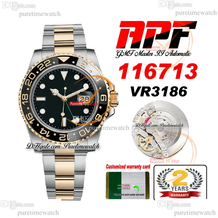 APF GMT II VR3186 VR3285 Automatik-Herrenuhr, Keramiklünette, zweifarbiges Gelbgold, schwarzes Zifferblatt, 904L OysterSteel-Armband, Super Edition, gleiche Seriennummer, Karte Puretime C3