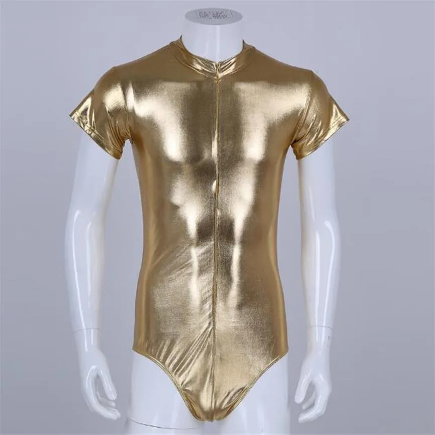 Herren-Bodysuit, einteiliger Wetlook-Glanz-Metallic-Trikot-Bodysuit mit hohem Ausschnitt und kurzen Ärmeln und Reißverschluss für Herren-Party, Nachtclub278p