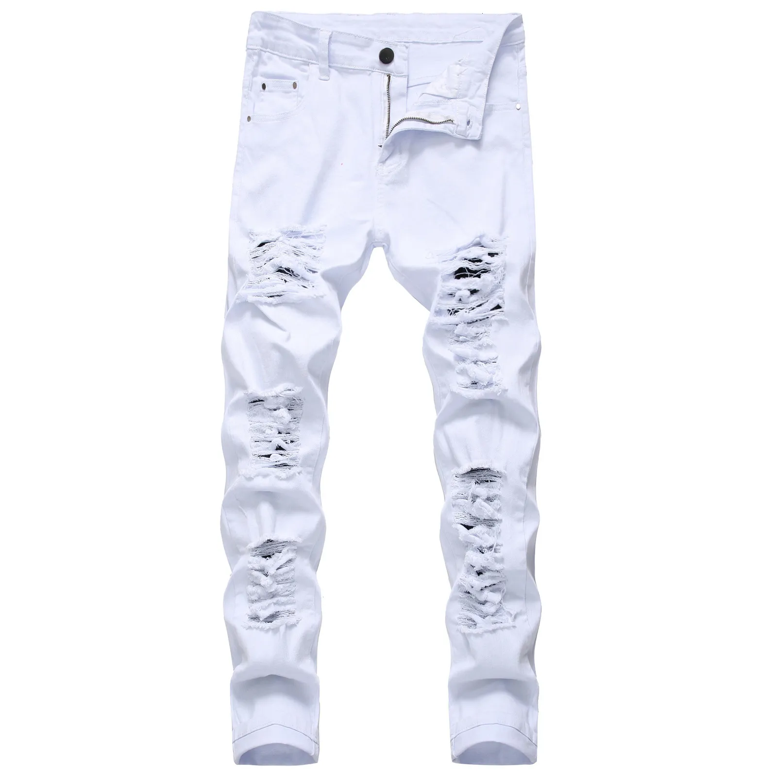 Herrjeans Ankomst Bomull slitet hål Casual Slim Skinny Vita Herr Byxor Mode Stretch Hip Hop Denim Byxor Man 230706