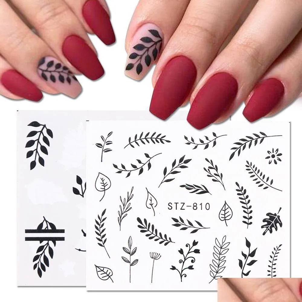 Autocollants Stickers Eau Nail Decal Fleurs Noires Feuille Transfert Ongles Art Décorations Curseur Manucure Filigrane Feuille Conseils Drop Delive Dhxmj