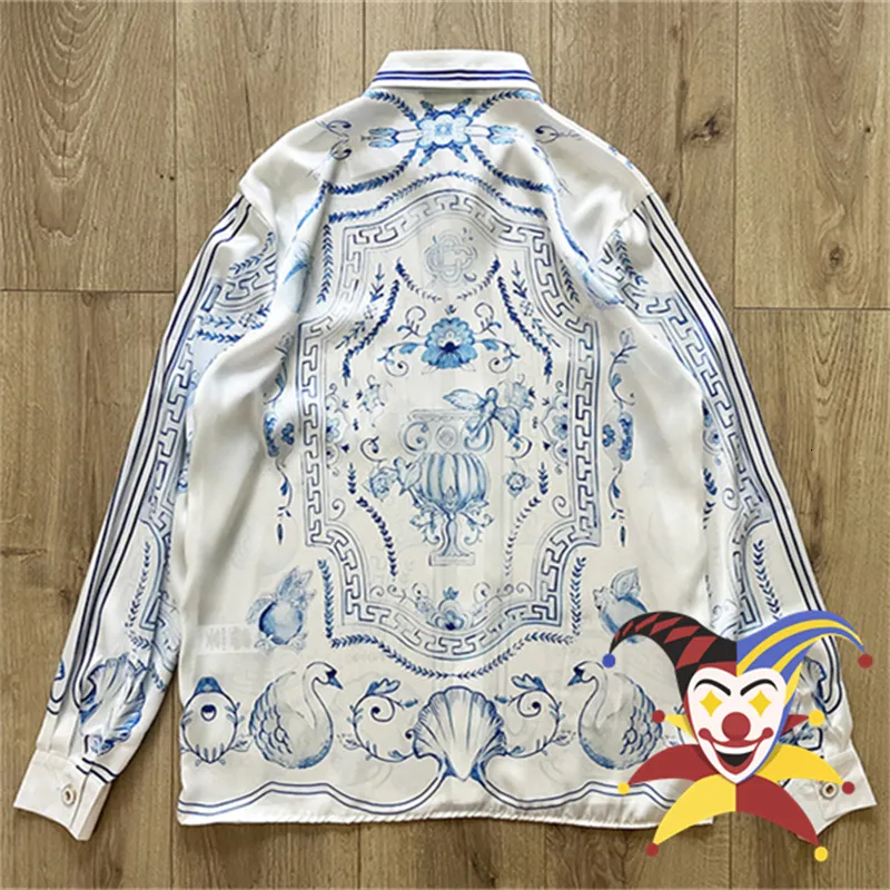 Camisa social masculina Manga comprida Porcelana Cisne Camisa Casablanca Homens Mulheres Estilo Verão Praia Seda Havaí 230707