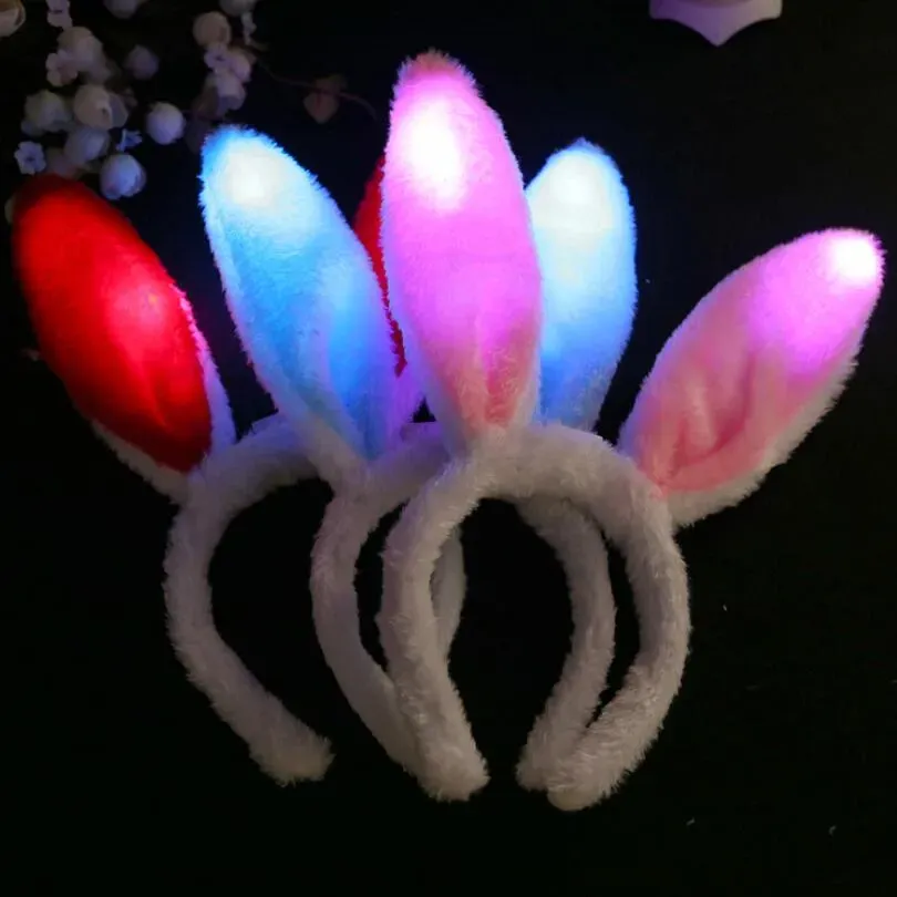 Ljusblinkande LED Plysch Fluffig Bunny Kaninöron Pannband Svans Slips Kostymtillbehör Cosplay Kvinna Flicka Halloween Festleksak