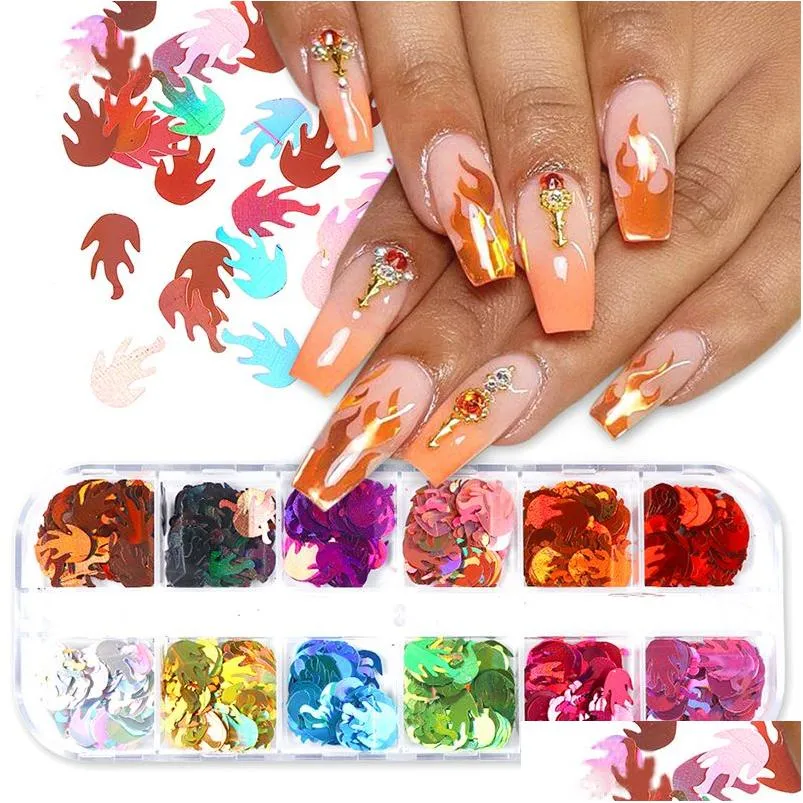 Nail Art Decoraties Holografisch Vuur Zomer Decoratie Sticker Vlinder Cirkel Vlokken 3D Sprankelende Nagels Pailletten Diy Manicure Sets Dh7Ha