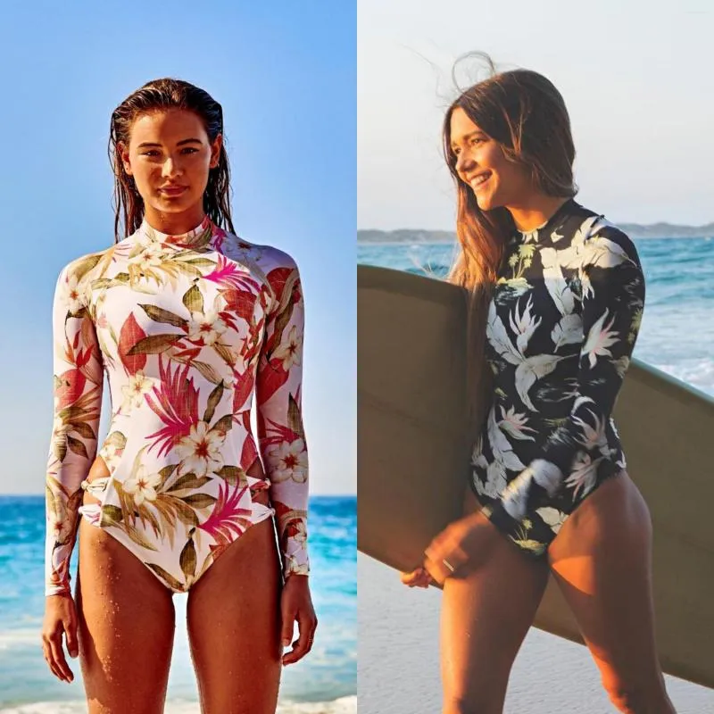 Roupa de banho feminina manga comprida bandagem estampada vazada surfe praia 2023 linda roupa de praia sexy peça única push up