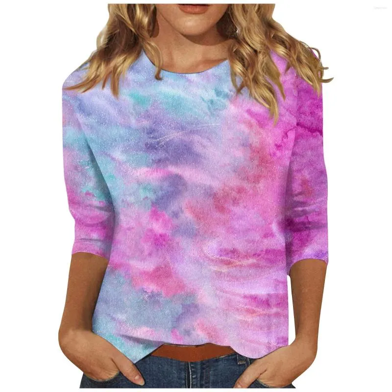 T-shirty damskie topy 3/4 rękaw dla kobiet śliczne kwiaty drukuj koszulki z nadrukami bluzki Casual Plus rozmiar podstawowy pulower T-Shirt