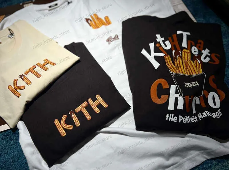 Herr t-shirts dropshipping kith tshirts 1 1 kvalitet match bokstav mönster kort ärm franska pommes frites avslappnad överdimensionerad kith t-shirt för män kvinnor t230707