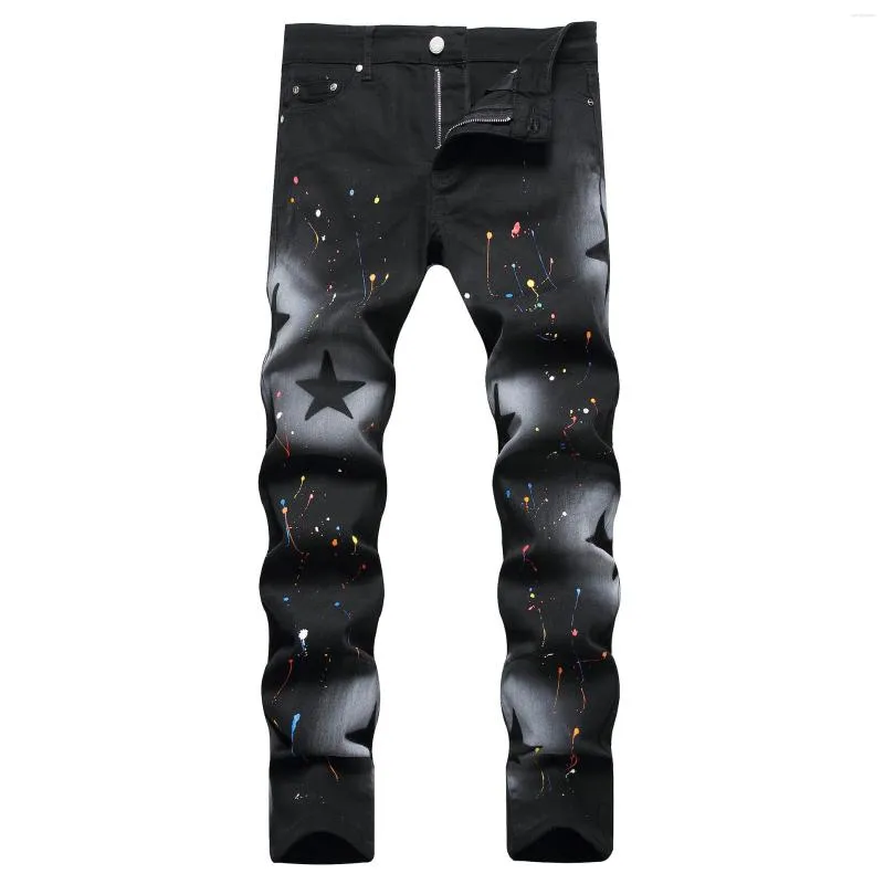 Męskie dżinsy męskie czarne szczupłe pięcioramienne gwiazdy kolorowe farby w sprayu drukuj spodnie dżinsowe Streetwear spodnie hip-hopowe dla mężczyzn