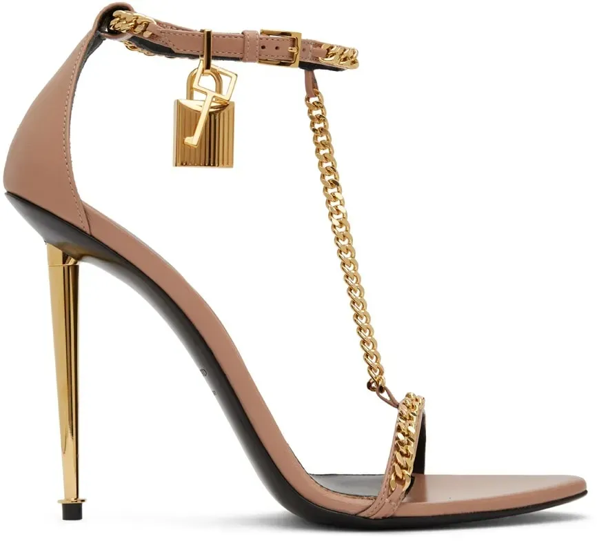 Women pointy open toe sandal brand high heels gold padlock Tomf-sandal nappe leather naked heeled sandals wedding party dress pumps with box 35-42