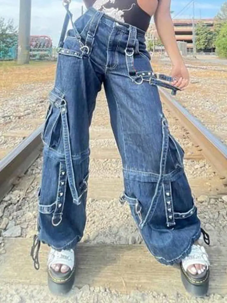 Cyber Y2k Punk High Waist Denim baggy pants with Wide Leg Cyber Y2k Punk High Waist Denim baggy pants with Wide Leg