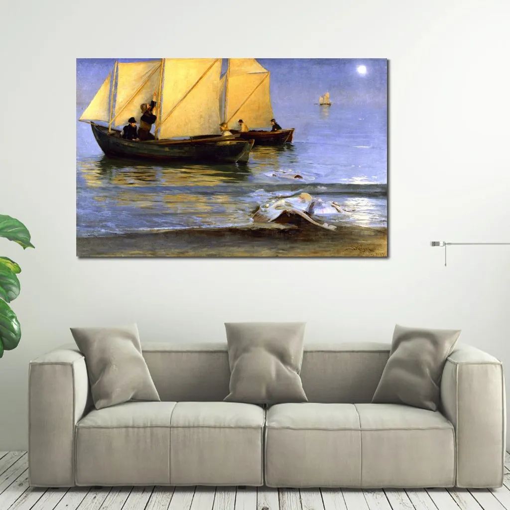 Haute qualité toile Art Peder Severin Kroyer peinture bateaux de pêche belle plage œuvre famille chambre mur décor