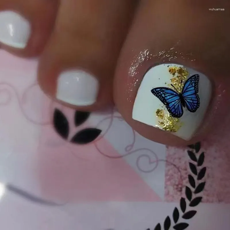 Unghie finte 24PCS Cute Blue Butterfly Unghie dei piedi con lamina d'oro Design Summer Style Girl Women Square Fake Toe Full Cover Wearable