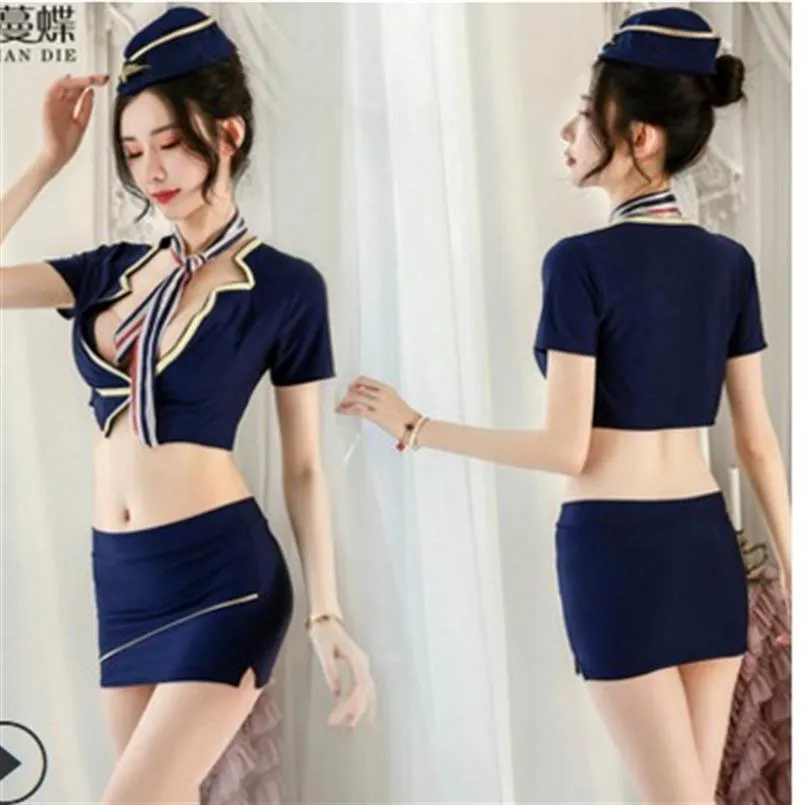 high quality low lady's Sexy uniform seductive passion stage Bar club games flight attendant suit 18c346p