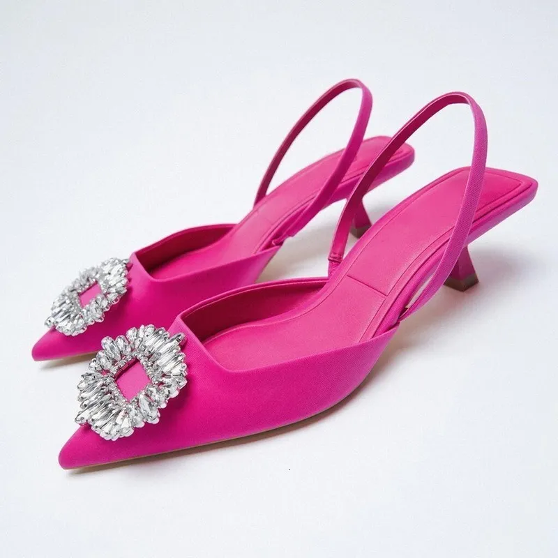 Sandálias Sapatos Femininos Bombas de Verão Mules Dedo Pontudo Raso Nude Rosa Diamante Sapatos Salto Baixo Atrás Alças Sapatos de Casamento Festa 230707