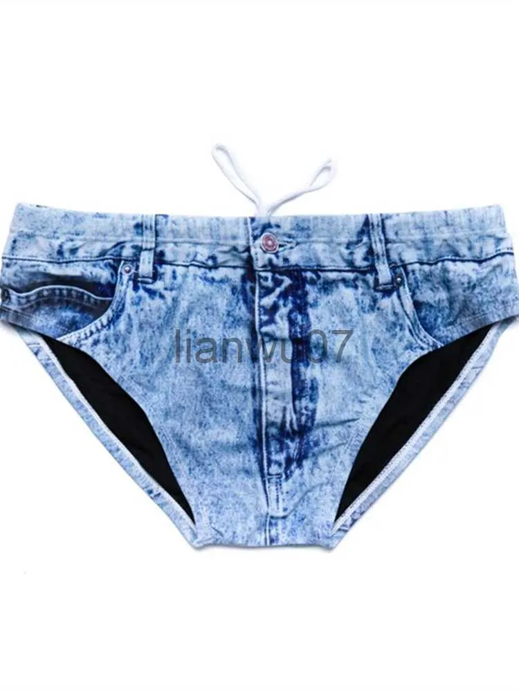 Badkläder för män Mandylandy Mode 3D-utskrift Sexiga mäns imitation Denim Underkläder Strandshorts Unga män Jeans Trosor Kalsonger J230707