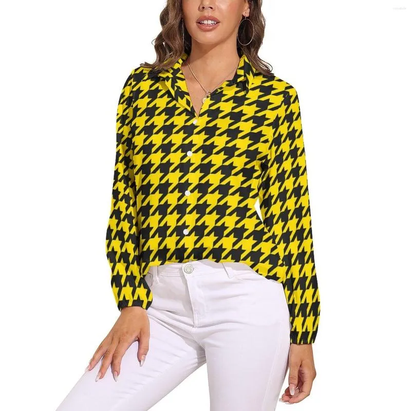 Chemisiers pour femmes Blouse à carreaux pied-de-poule femme mignon jaune noir classique ample à manches longues Kawaii chemises haut personnalisé grande taille