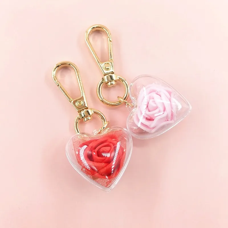 Creative Valentine`s Day Rose Eternal Flower Keychain Gift Female Bag Love Heart Keychains Jewelry Accessories In Bulk