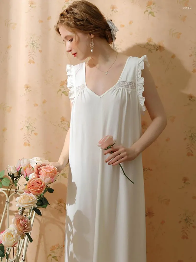 Vêtements de nuit pour femmes Femmes Chemises de nuit victoriennes Volants Sans manches Coton Pyjama Chemise de nuit Doux Vintage Princesse Sexy à lacets Dos nu