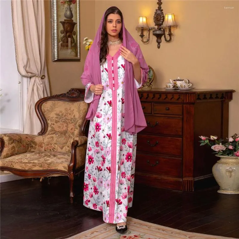 Etnische Kleding Vintage Bloemenprint Abaya Moslim Vrouwen Jalabiya Kaftan Turkije Maxi Jurk Hijab Dubai Arabische Islam Feestjurken Marokko