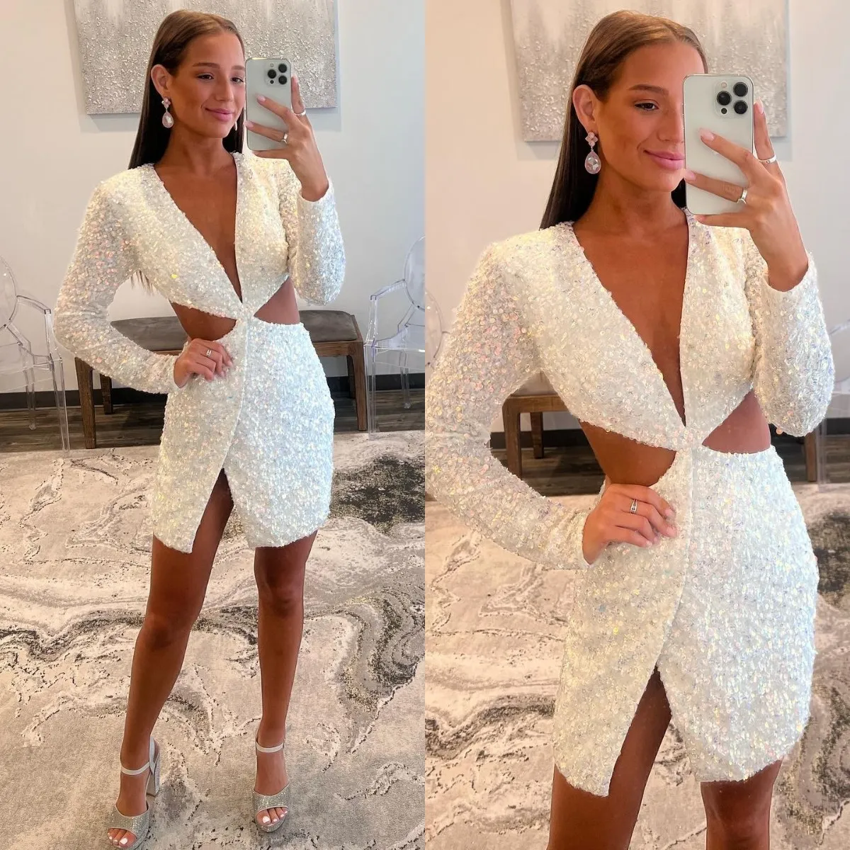 Sexy White Sequins Robe de cocktail Cutaway Sides Manches longues Plongeant V Neck Robes de bal courtes mini party homecoming Robe d'occasion spéciale