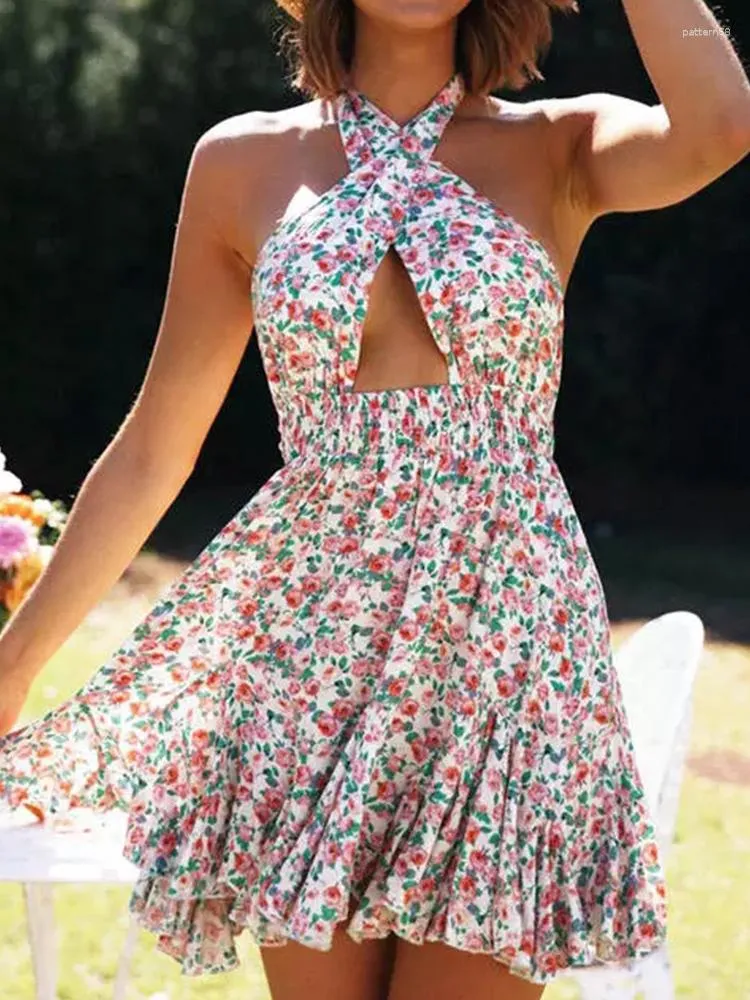 Casual Dresses Women Floral Shirred Halter Mini Skater Dress Criss Cross Backless Sleeveless A Line Open Back Ruffled Sun