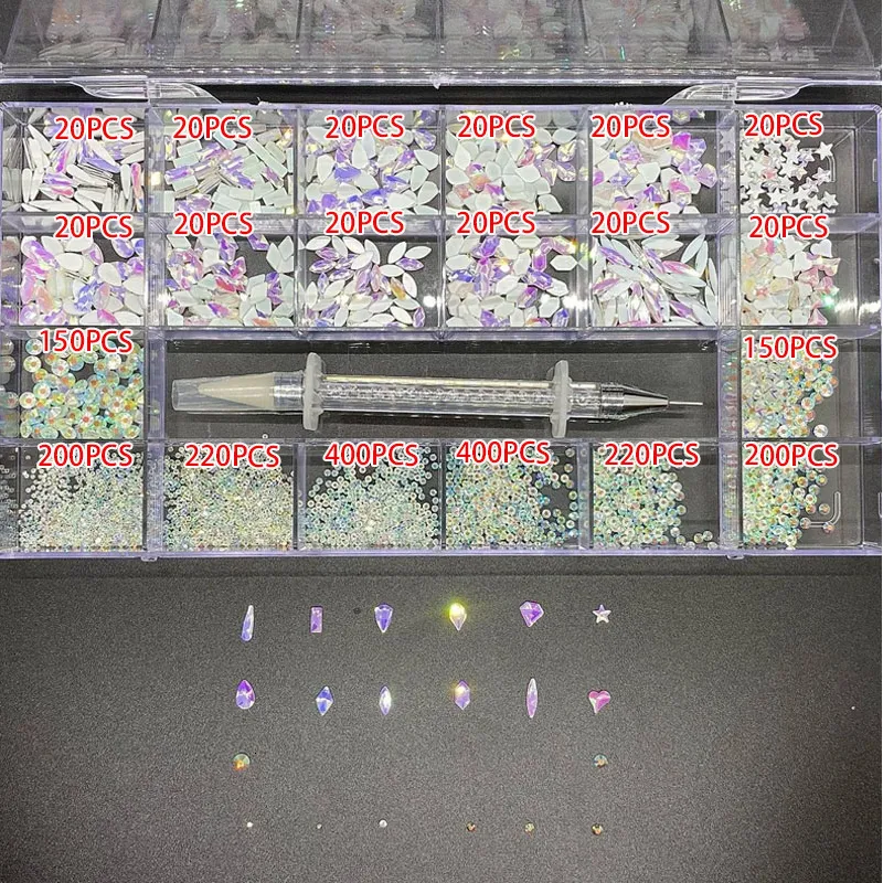 Luxury Diamond Nail Crystals Set For 3D Nail Art Designs AB Glass, Pick Up  Pen, 21 Grids, 2740ppch In Box 230706 From Yujia07, $18.65