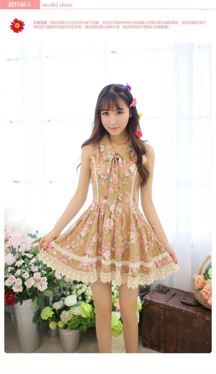 Sıradan Elbiseler Satış Japonya Liz Lisa Pamuk Çiçek Baskılı Dantelli Kolsuz Kemer Mini Elbise