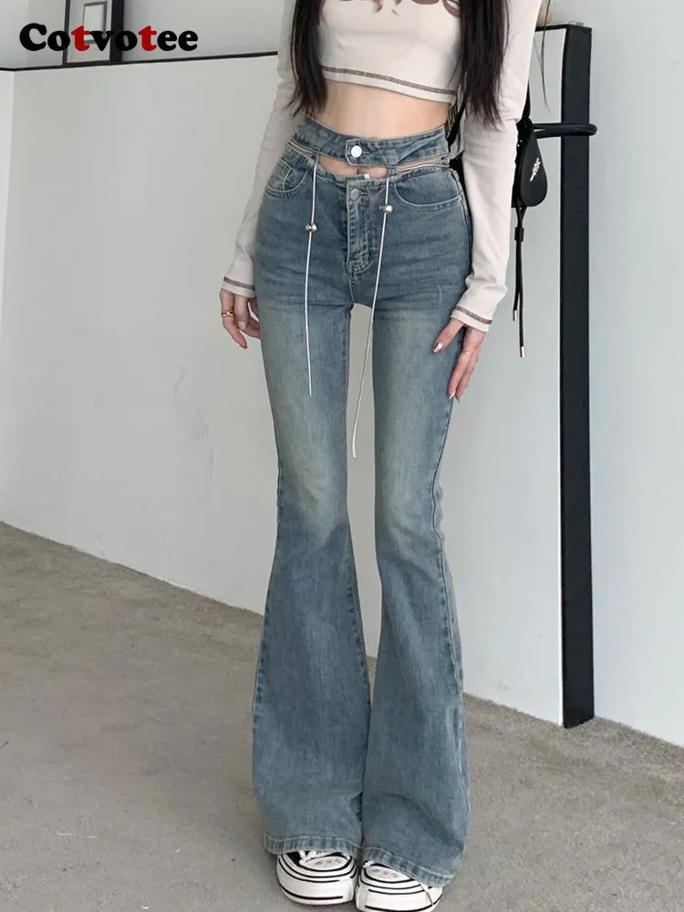 Calças Masculinas Cotvotee Jeans de Cintura Alta para Mulheres Moda Vintage Streetwear Slim Flare Mãe Comprimento Total Denim Y2k 230707