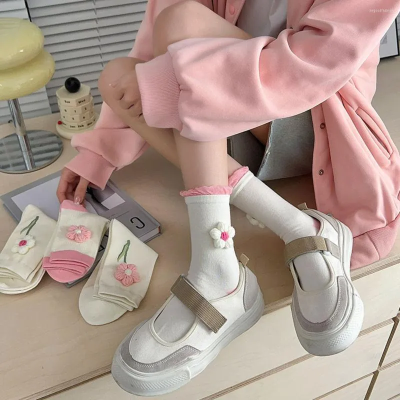 Femmes Chaussettes En Trois Dimensions Floret Printemps Et Automne Série Sweet Maiden Rose Fleur Version Coréenne Mignon Net Rouge Bas Blanc