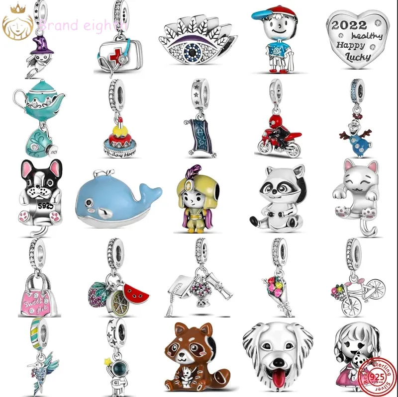 För pandora berlocker sterling silver pärlor Sweet Girl Raccoon Teapot Medical Box Magic Carpet Strawberry charmes ciondoli