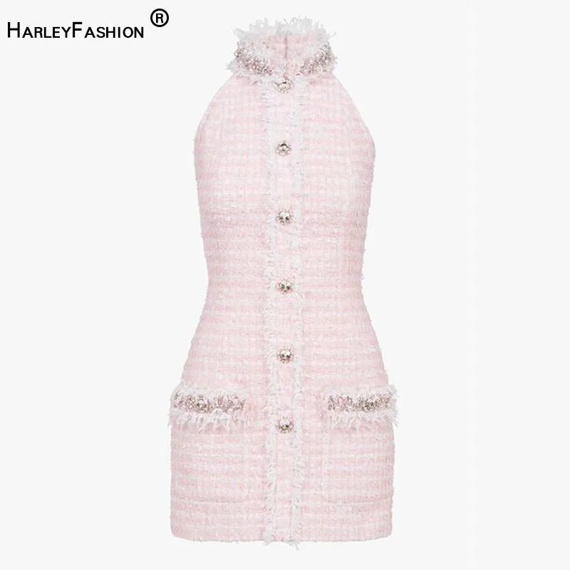 Pantolon harleyfashing kadınlar rhinestone pembe tüvit sırtsız elbise püskül elmas düğmeleri bayan bodycon mini elbiseler