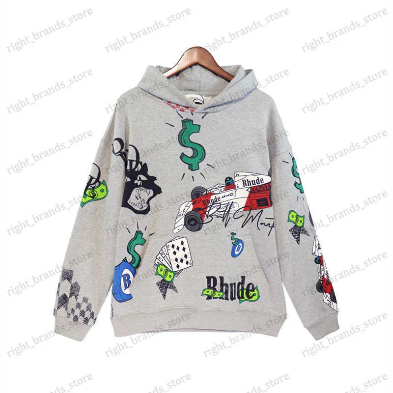 Erkek Hoodies Sweatshirts Rhude Doodle Hoodie El Boyalı Graffiti High Street 1 1 Erkek ve Kadın Hoodie T230707